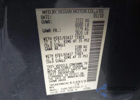 2010 Nissan Pathfinder Se z USA, uszkodzony, nr VIN 5N1AR1NN2AC614919